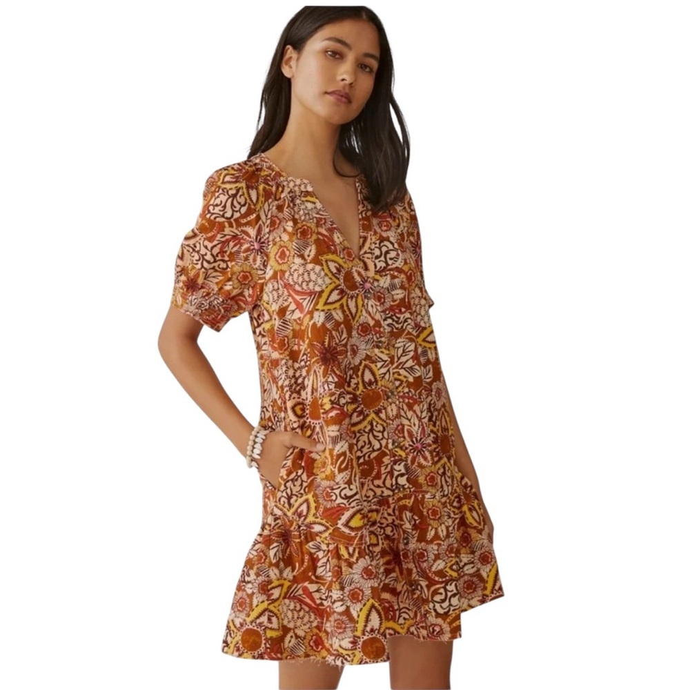 Pilcro•Puffed Sleeve Floral Tapestry Dress